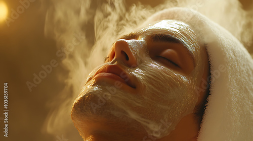 A man is getting a facial treatment with steam and a towel photo