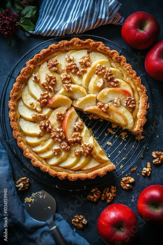 Delicious apple tart with walnuts and fresh apples on a black backdrop surrou...
