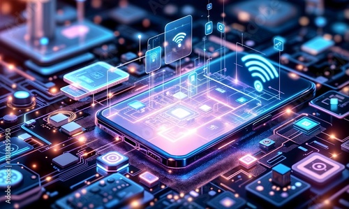 Conceptual background image of the interior structure of a smartphone and internet connectivity