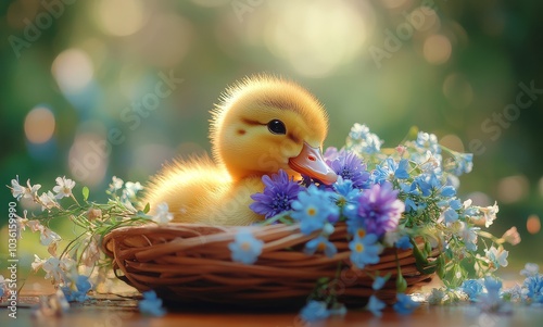 A duckling resting in a nest surrounded by colorful flowers during a sunny sp...