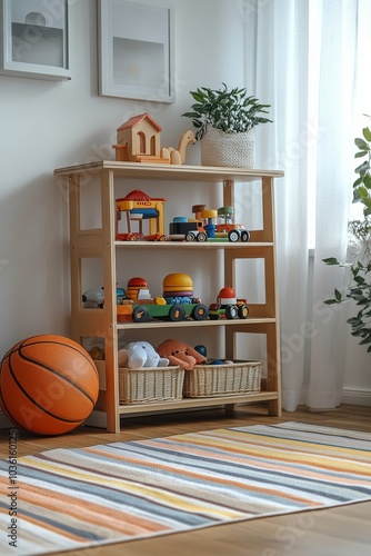 Bright and inviting playroom with shelves of toys, a basketball, and colorful...