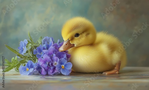 A duckling resting in a nest surrounded by colorful flowers during a sunny sp...