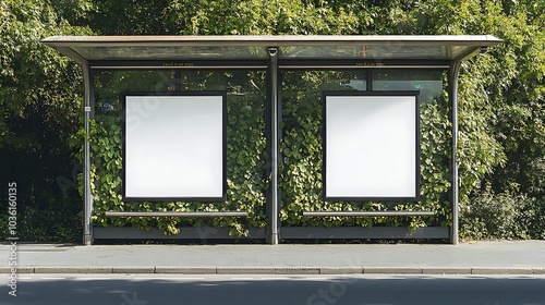 Two blank white posters on the side of a bus stop shelter in an urban setting.