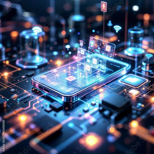 Conceptual background image of the interior structure of a smartphone and internet connectivity