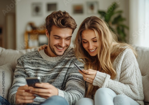 Young couple enjoying a cozy moment while looking at a smartphone in a stylis...