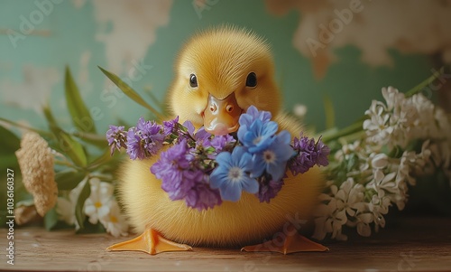 A duckling resting in a nest surrounded by colorful flowers during a sunny sp...