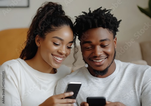 Young couple enjoying a cozy moment while looking at a smartphone in a stylis...