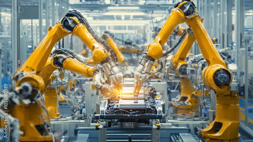 Wallpaper Mural In a modern car factory, robot arms are used to build electric car batteries on a production line. These robots work together to assemble the battery packs quickly and efficiently. Torontodigital.ca