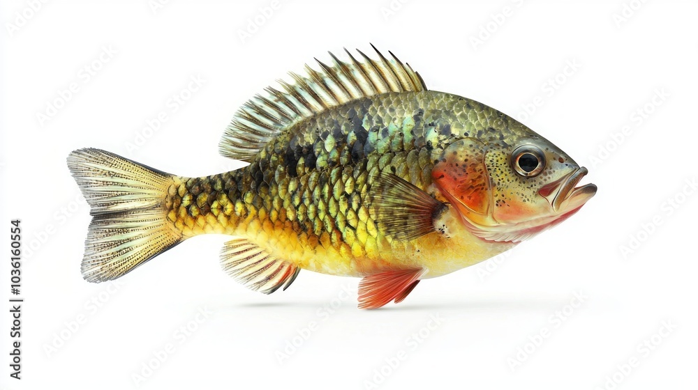 lifelike depiction showcases a Bluegill Lepomis macrochirus featuring vibrant colors and intricate fin details. Its form highlights the beauty of aquatic life. lifelike depiction showcases a Bluegill Lepomis macrochirus featuring vibrant colors and intricate fin details. Its form highlights the beauty of aquatic life.