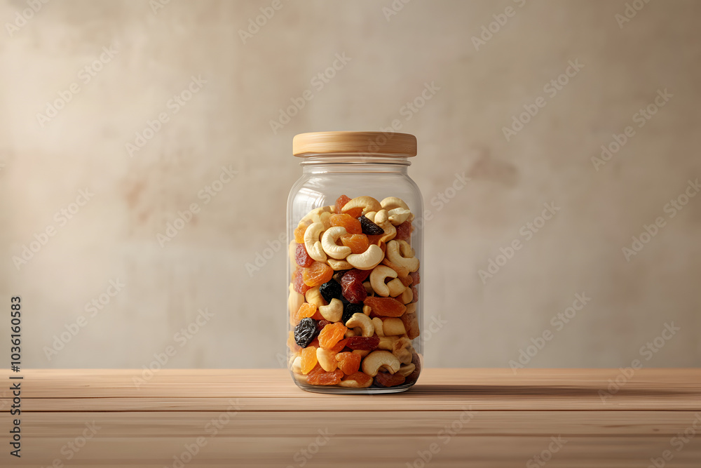 Cashew nut and dried fruit in jar with light wooden background. Cashew nut and dried fruit in jar with light wooden background.