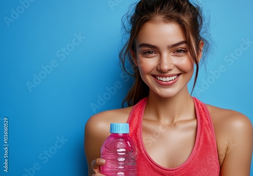 Young woman in sports attire smiling and holding a beverage against a bright ...