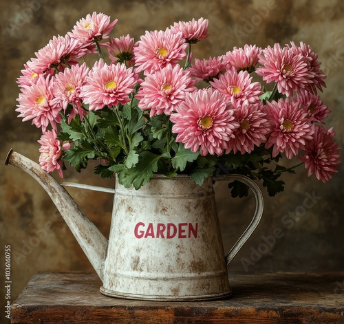 A beautiful arrangement of pink chrysanthemums in a vintage watering can on a...