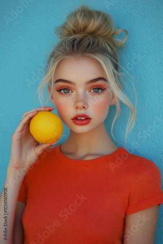 Young woman holding a bright orange on a blue backdrop during a sunny outdoor...
