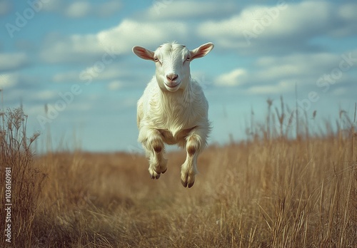 A playful goat joyfully jumps across a sunny meadow filled with tall grass in...