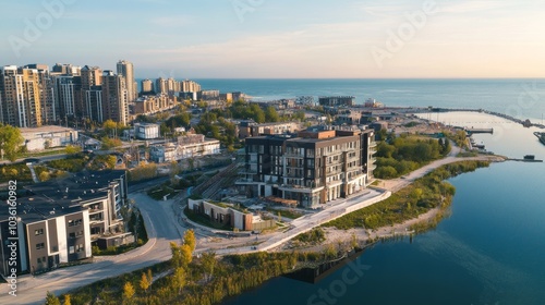 A dynamic aerial perspective of a coastal city undergoing waterfront redevelopment with new residential and commercial buildings, Waterfront redevelopment scene, Coastal urbanization style