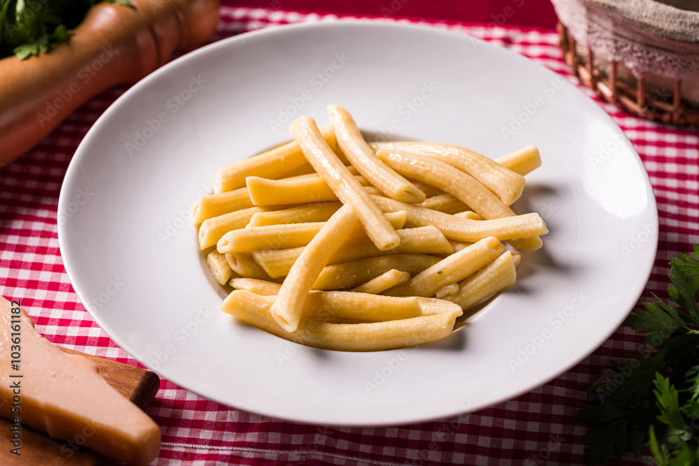 Delicious Plate of Penne Pasta on Red Checkered Tablecloth Delicious Plate of Penne Pasta on Red Checkered Tablecloth