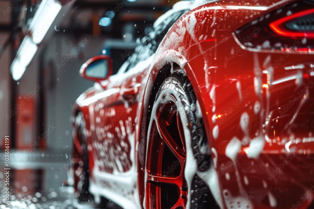 A red sports car is covered in soap at a car wash. Concept of cleanliness and luxury. For car care advertisements. A red sports car is covered in soap at a car wash. Concept of cleanliness and luxury. For car care advertisements.