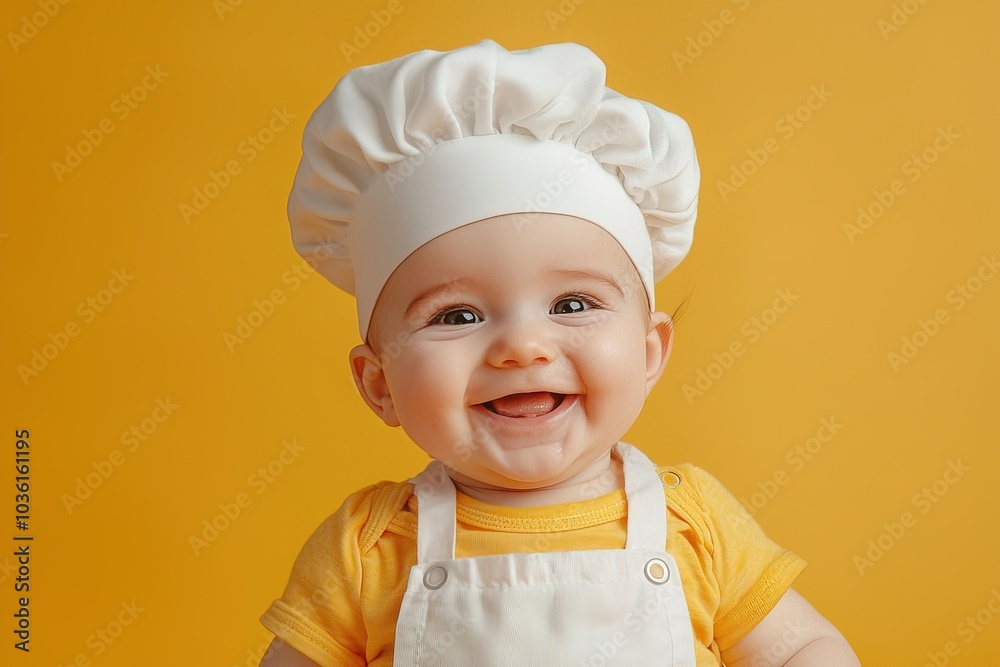 portrait cute laughing baby dressed as a chef on yellow background portrait cute laughing baby dressed as a chef on yellow background