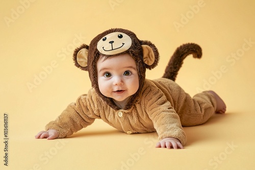 adorable baby in monkey pajamas crawls on yellow background