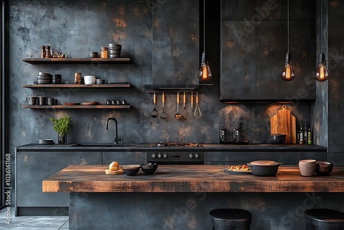 A modern kitchen with dark wood and metal accents.