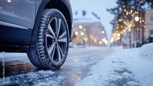 Wallpaper Mural Close-up of winter tires on a car navigating a rainy, snowy urban street illuminated by city lights at night Torontodigital.ca