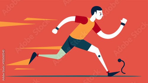 Track Sprinting A sprinter with a bladestyle prosthesis racing down the track bursting with energy as the finish line approaches with crowd excitement in the background.