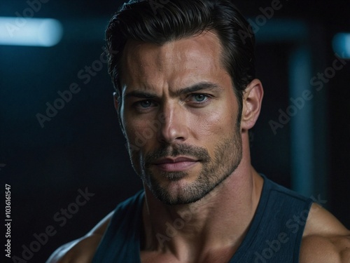 Muscular man poses confidently in a gym at night, showcasing his strength and focus during an intense workout session.