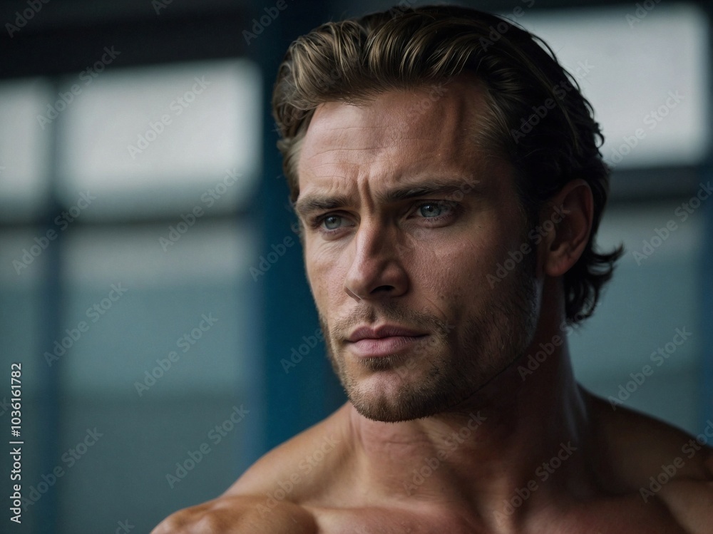 A tall muscular man exudes confidence while gazing thoughtfully indoors during early evening hours. A tall muscular man exudes confidence while gazing thoughtfully indoors during early evening hours.