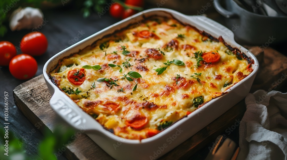 Vegetable casserole with melted cheese