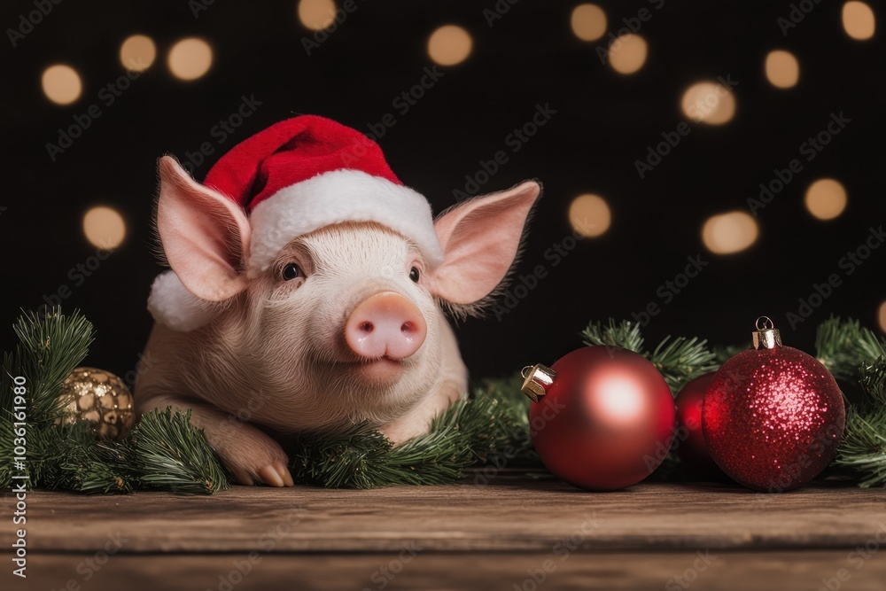 © Andrii - Pig in Santa hat with decorations © Andrii - Pig in Santa hat with decorations