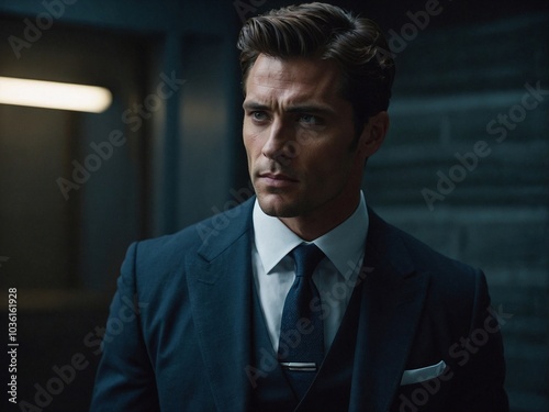 A tall muscular man in a tailored suit stands in a dimly lit room with a serious expression, suggesting an intense conversation.