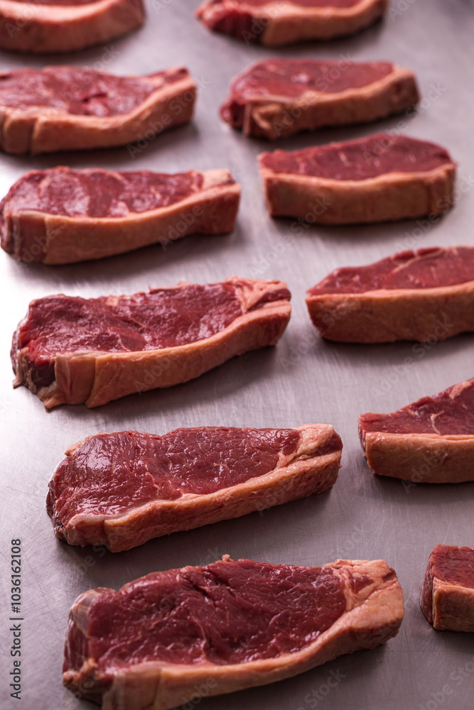 Raw Beef Steaks Neatly Arranged on Stainless Steel Surface Raw Beef Steaks Neatly Arranged on Stainless Steel Surface