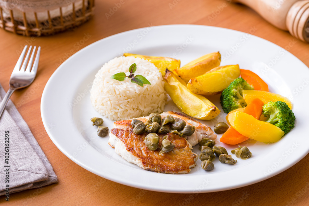Delicious Grilled Fish With Vegetables And Rice On White Plate Delicious Grilled Fish With Vegetables And Rice On White Plate
