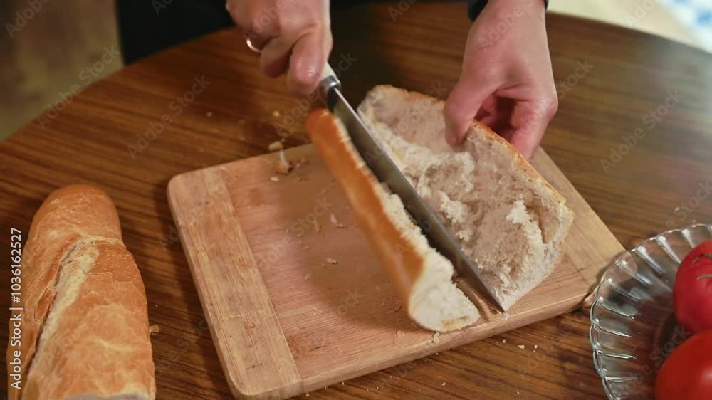 Slicing French Bread on a Wooden Cutting Board Slicing French Bread on a Wooden Cutting Board