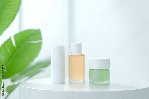 Wallpaper Mural Natural skincare bottles with greenery, eco-conscious beauty products, modern white setting, spa-inspired minimalist decor, clean cosmetic design, nature-focused beauty arrangement

 Torontodigital.ca