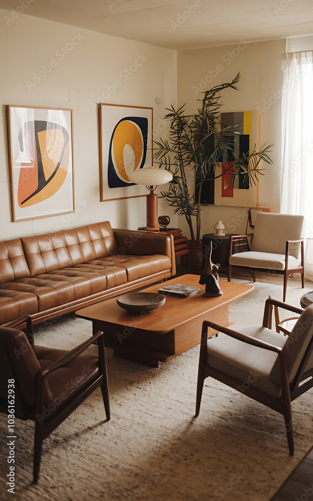 Fototapeta premium Mid-century modern living room with brown leather sofa and chairs perfect for a cozy and stylish home design 