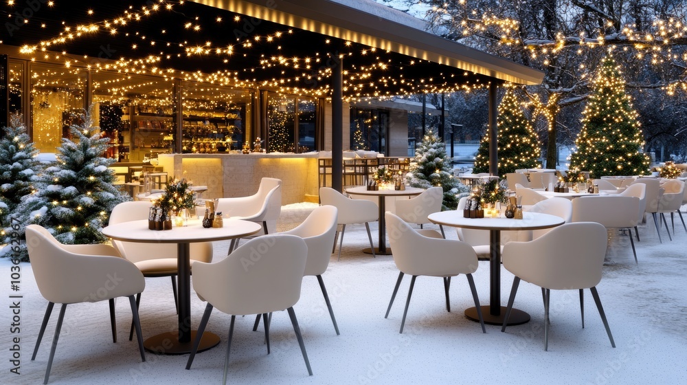 Naklejka premium Guests enjoy warm drinks in a festive cafe, surrounded by snow-covered streets illuminated with sparkling decorations