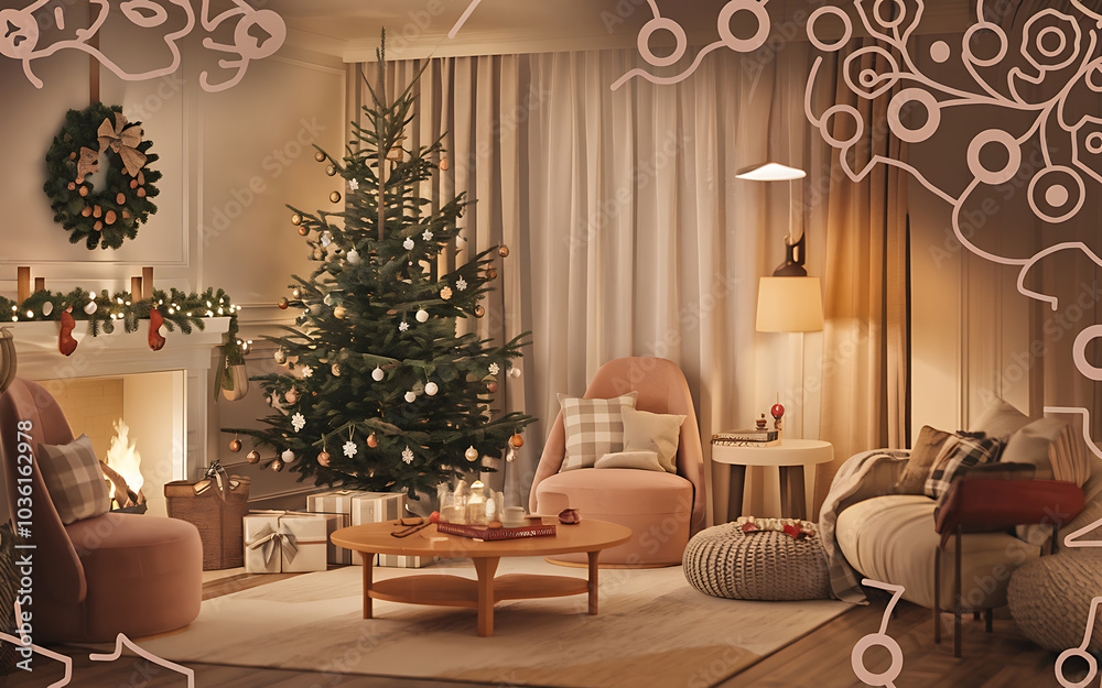 Cozy Christmas living room with green tree and pink armchair warm and inviting atmosphere Cozy Christmas living room with green tree and pink armchair warm and inviting atmosphere