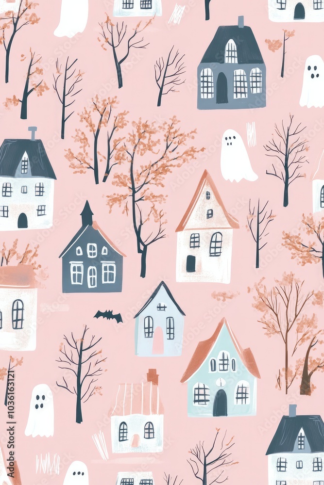 Cute Spooky Haunted Houses with Smiling Ghosts in a Repeating Pattern Cute Spooky Haunted Houses with Smiling Ghosts in a Repeating Pattern