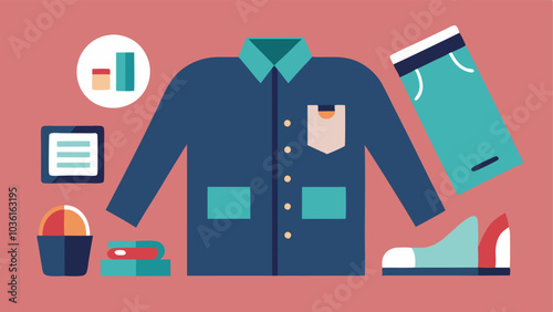 Trendy Adaptations A topdown view of a dressing table showcasing fashionable clothing adaptations including a jacket with magnetic buttons and shoes with easyaccess features