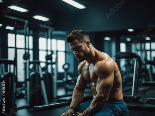 Strong individual taking a moment to rest after an intense workout session in a modern gym setting.