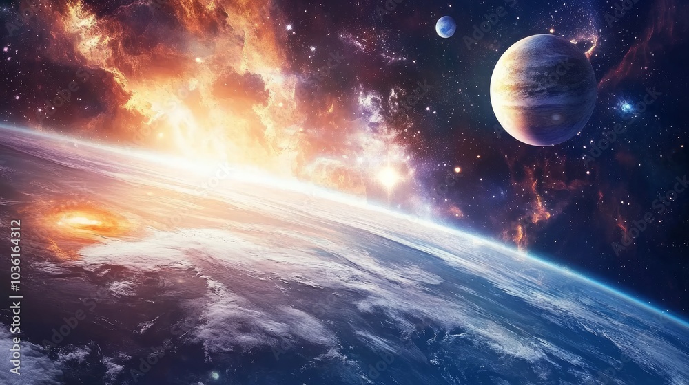 A magnificent view of the cosmos is seen via the space station's window. The vastness is filled with planets and far-off stars, forming an enthralling celestial tapestry. A magnificent view of the cosmos is seen via the space station's window. The vastness is filled with planets and far-off stars, forming an enthralling celestial tapestry.