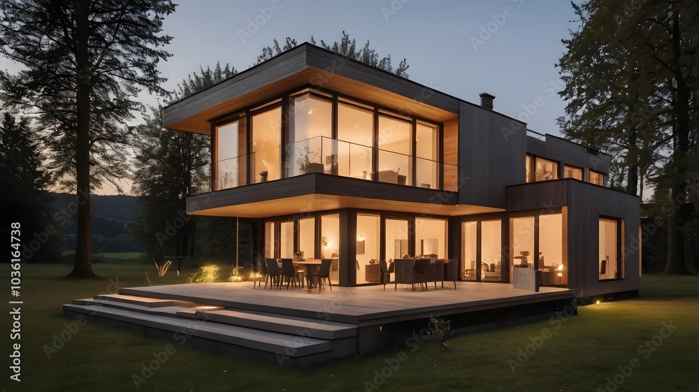Haus Kubus mit Holzelementen am Abend Haus Kubus mit Holzelementen am Abend