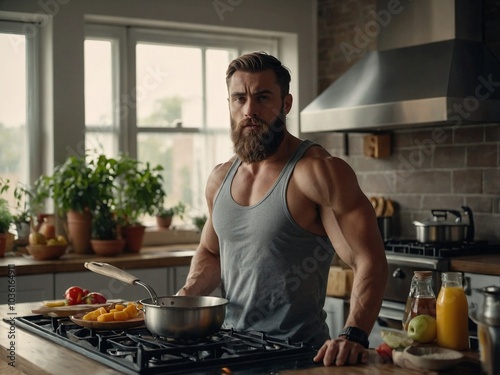 Muscular bearded man prepares healthy meal in a bright kitchen during sunny morning hours.