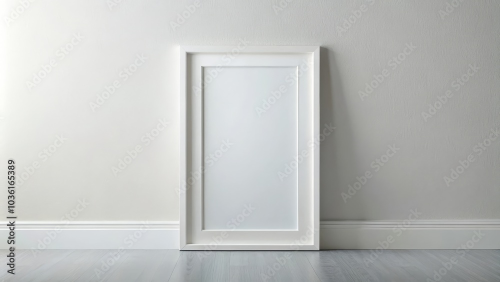 White picture frame is hanging on a white wall providing copy space