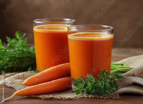 Freshly made carrot juice served in clear glasses with fresh carrots on a rus...