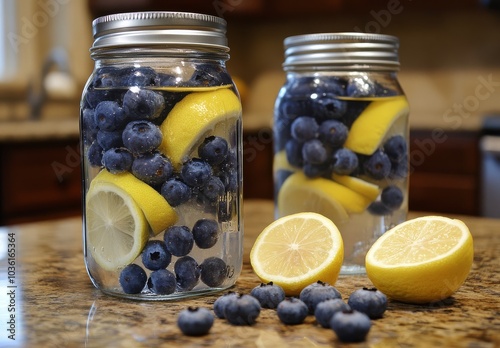 Refreshing jars of blueberries and lemons prepared for a summer treat in a co...