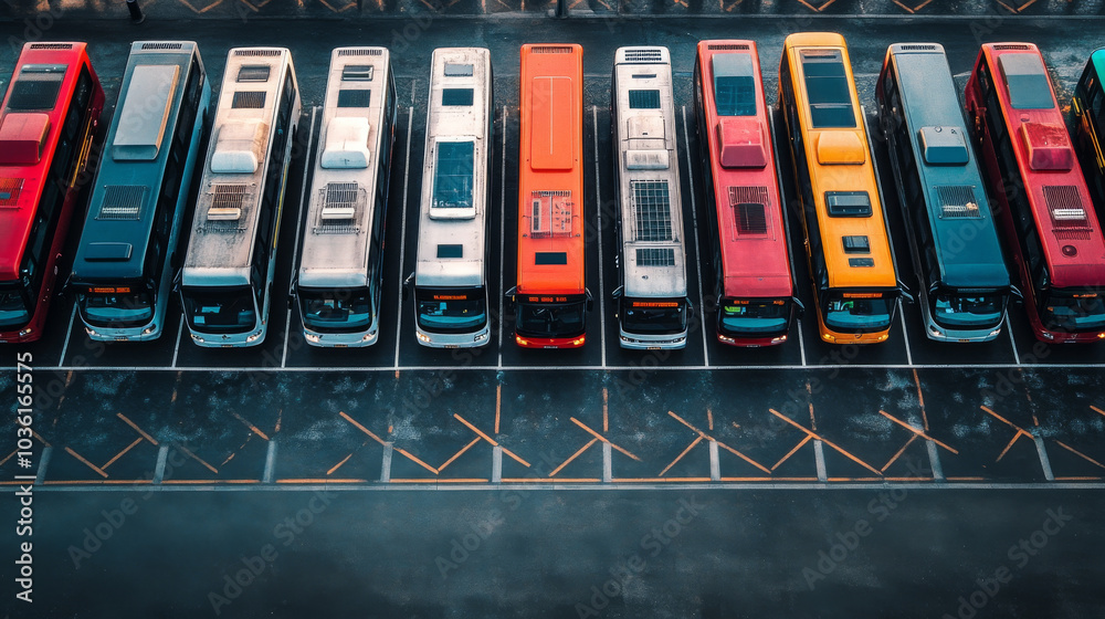 Fototapeta premium Many electric buses are parked together in a large parking area.