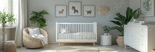 Cozy and modern nursery design featuring a crib, soft colors, and animal artw...