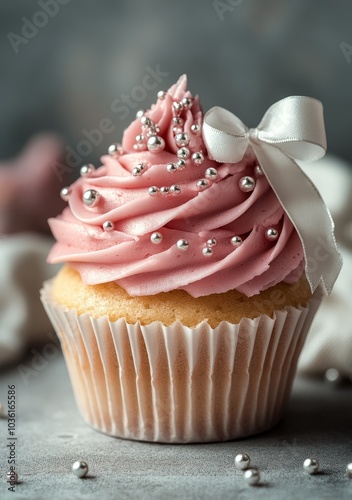 Delicate pink frosted cupcake with elegant bow and pearl decoration on a rust...